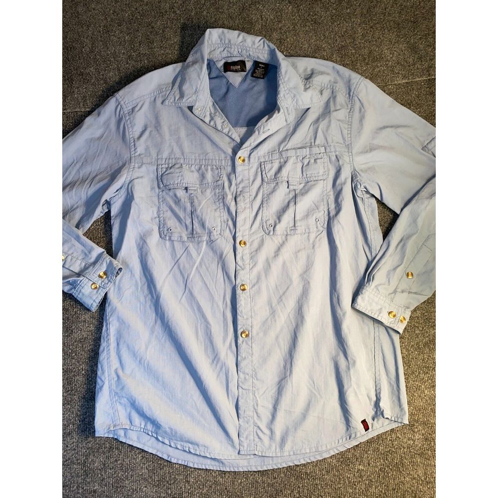 Alpine Design Fishing Shirt Men's L Blue Detail Chest Pockets Collar Button Down